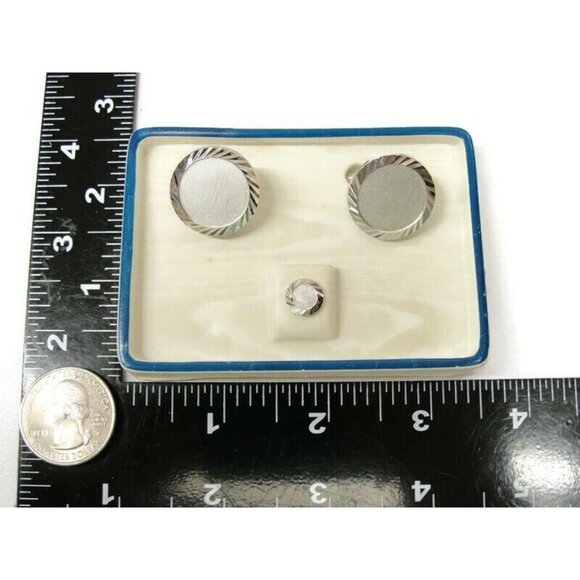 Vintage Swank Cufflinks Set Silver Tone Disc Shaped Fluted Edge With Tie Tack - Picture 3 of 13
